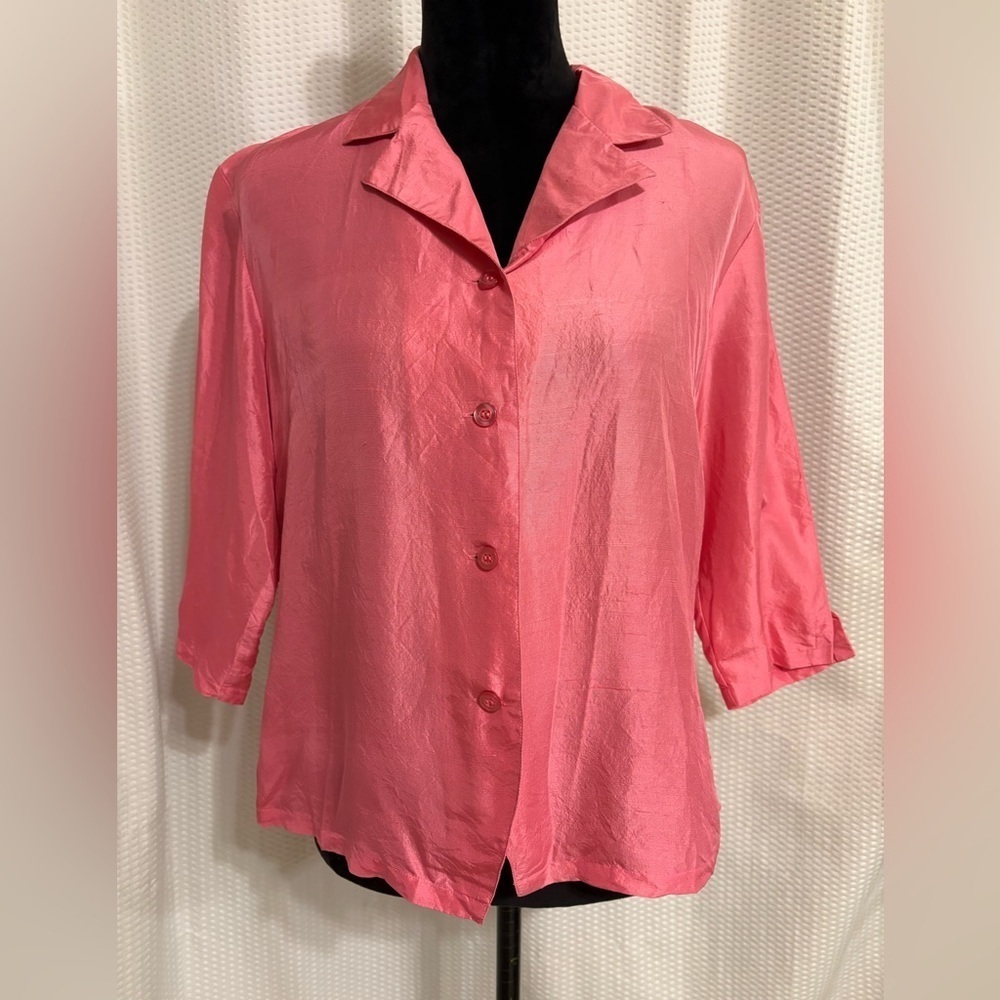 Vintage Kathie Lee Collection pink 3/4 sleeve button down 100% silk blouse Large